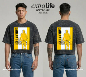 Playera streetwear premium de anime y gaming ExtraLife MX, corte boxy deluxe mineral wash heavyweight en color Acid Wash, moda urbana mexicana de culto.