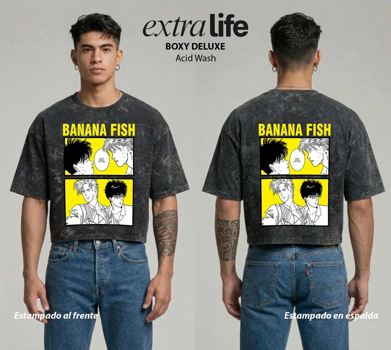 Playera streetwear premium de anime y gaming ExtraLife MX, corte boxy deluxe mineral wash heavyweight en color Acid Wash, moda urbana mexicana de culto.