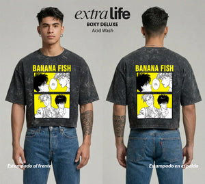 Playera streetwear premium de anime y gaming ExtraLife MX, corte boxy deluxe mineral wash heavyweight en color Acid Wash, moda urbana mexicana de culto.