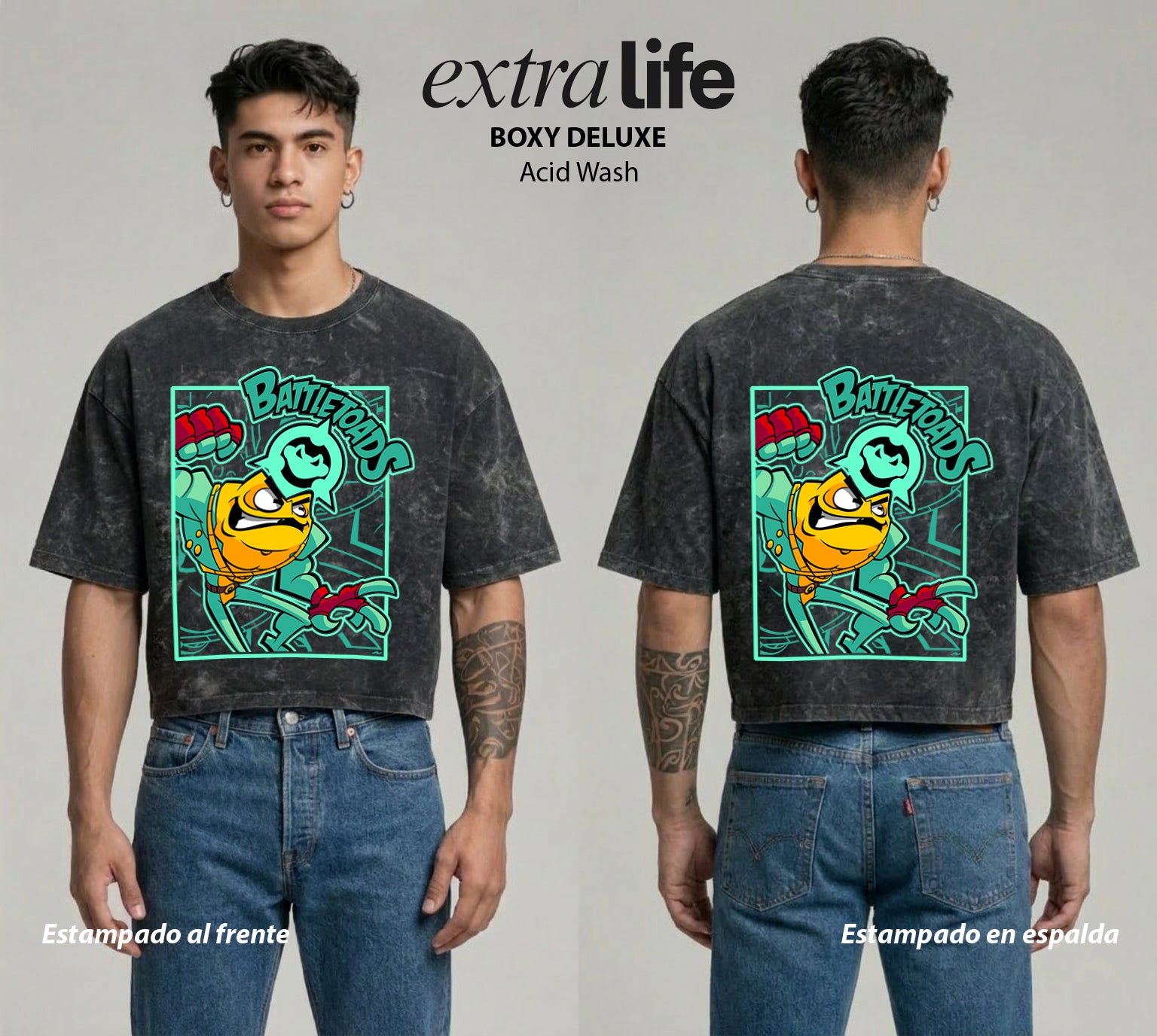 Playera streetwear premium de anime y gaming ExtraLife MX, corte boxy deluxe mineral wash heavyweight en color Acid Wash, moda urbana mexicana de culto.