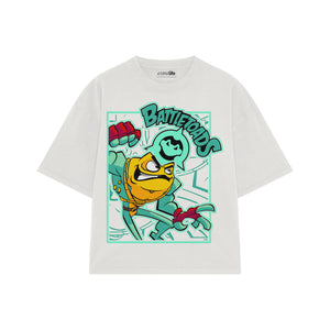 Playera streetwear premium de anime y gaming ExtraLife MX, corte boxy oversized drop shoulder heavyweight en color Deep Black y Off-White, moda urbana mexicana de culto.