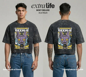 Playera streetwear premium de anime y gaming ExtraLife MX, corte boxy deluxe mineral wash heavyweight en color Acid Wash, moda urbana mexicana de culto.