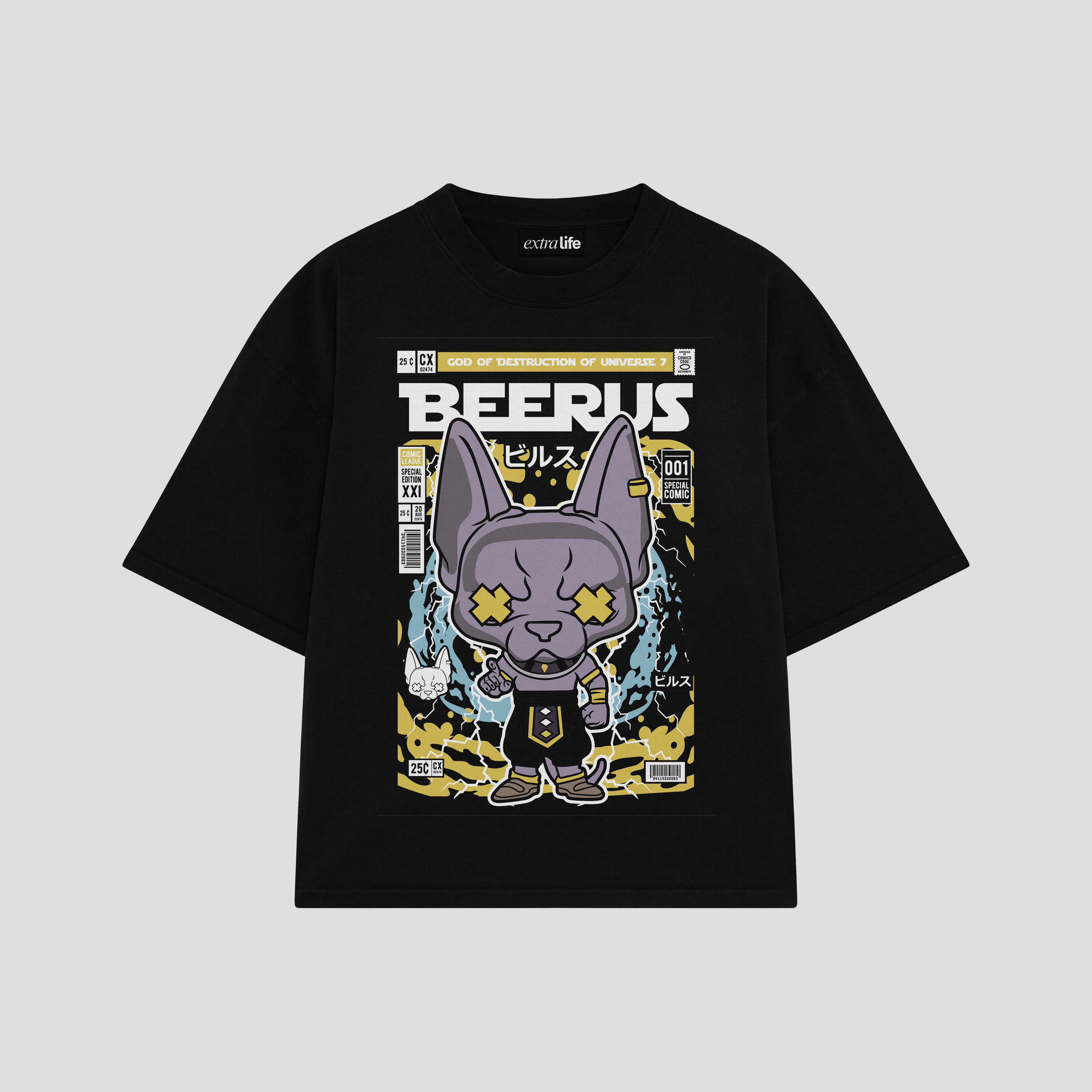 Playera streetwear premium de anime y gaming ExtraLife MX, corte boxy oversized drop shoulder heavyweight en color Deep Black y Off-White, moda urbana mexicana de culto.