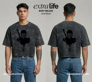 Playera streetwear premium de anime y gaming ExtraLife MX, corte boxy deluxe mineral wash heavyweight en color Acid Wash, moda urbana mexicana de culto.