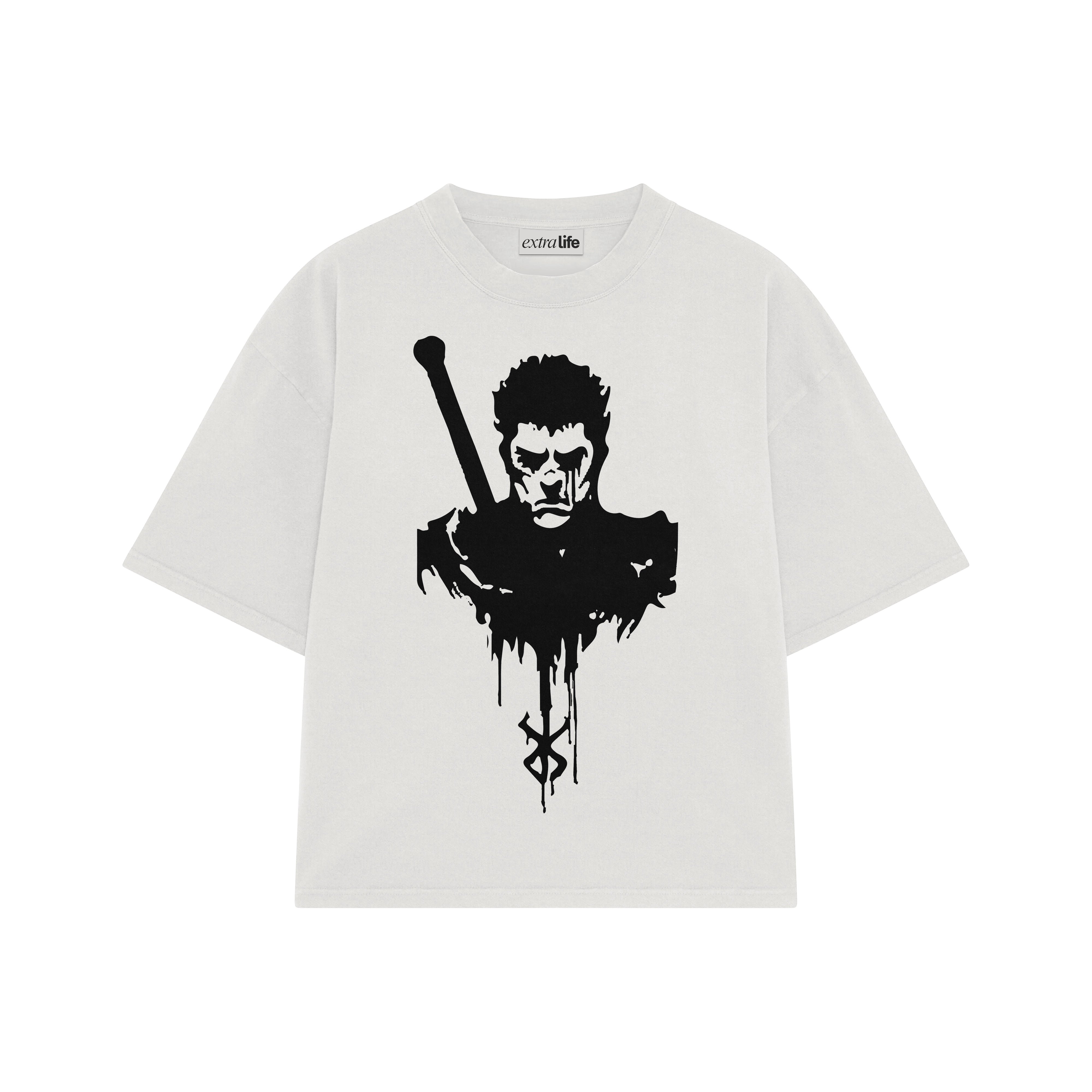 Playera streetwear premium de anime y gaming ExtraLife MX, corte boxy oversized drop shoulder heavyweight en color Deep Black y Off-White, moda urbana mexicana de culto.