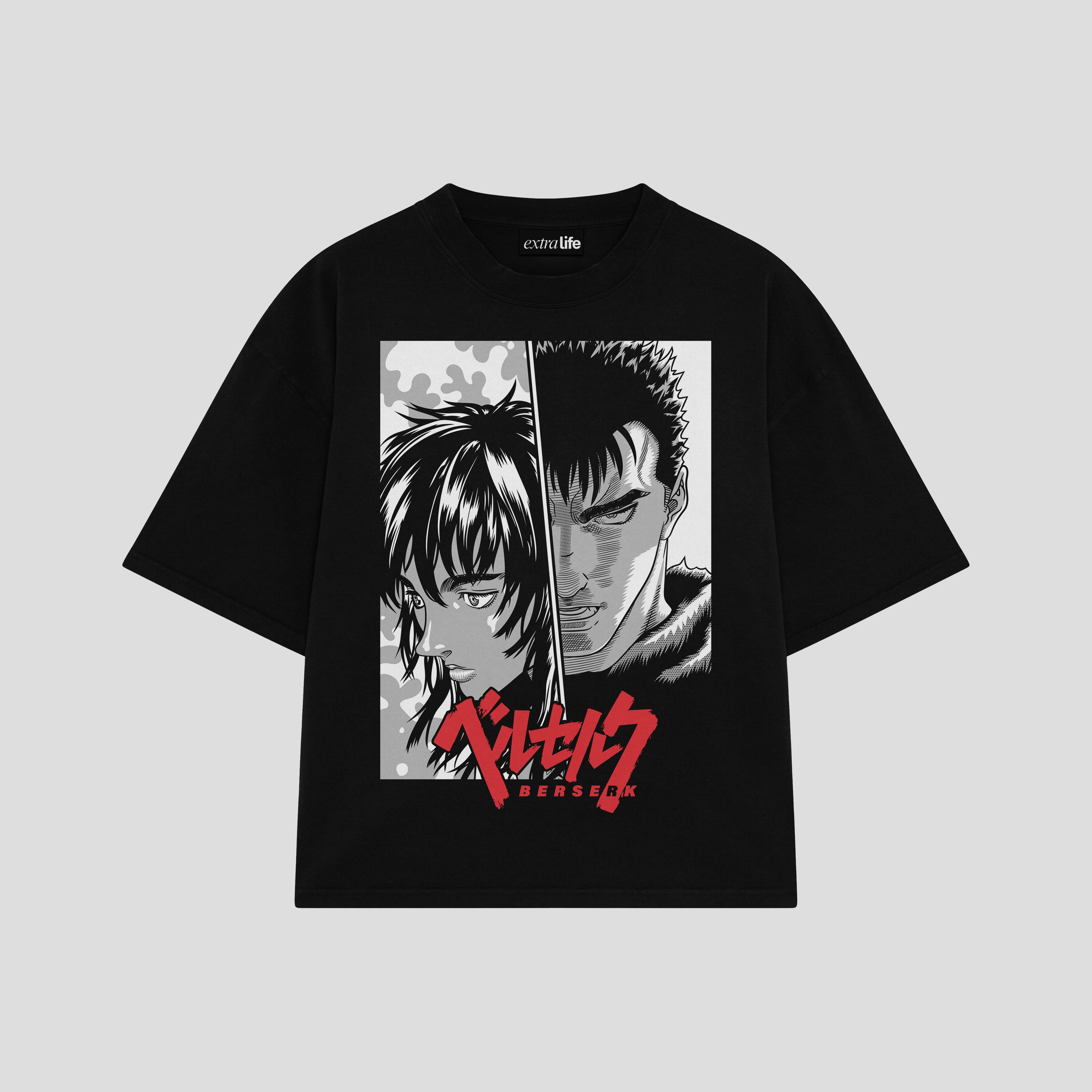 Playera streetwear premium de anime y gaming ExtraLife MX, corte boxy oversized drop shoulder heavyweight en color Deep Black y Off-White, moda urbana mexicana de culto.