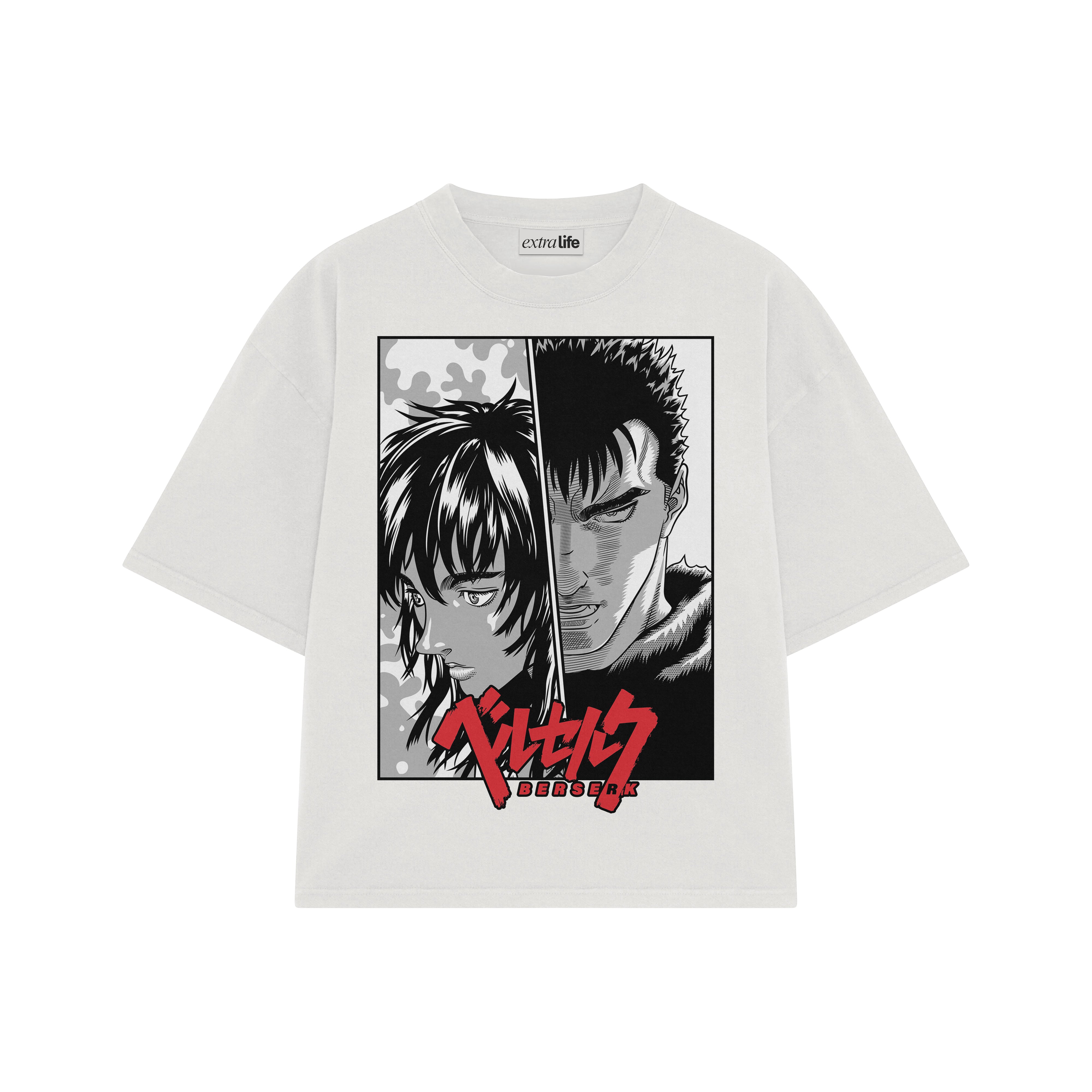 Playera streetwear premium de anime y gaming ExtraLife MX, corte boxy oversized drop shoulder heavyweight en color Deep Black y Off-White, moda urbana mexicana de culto.