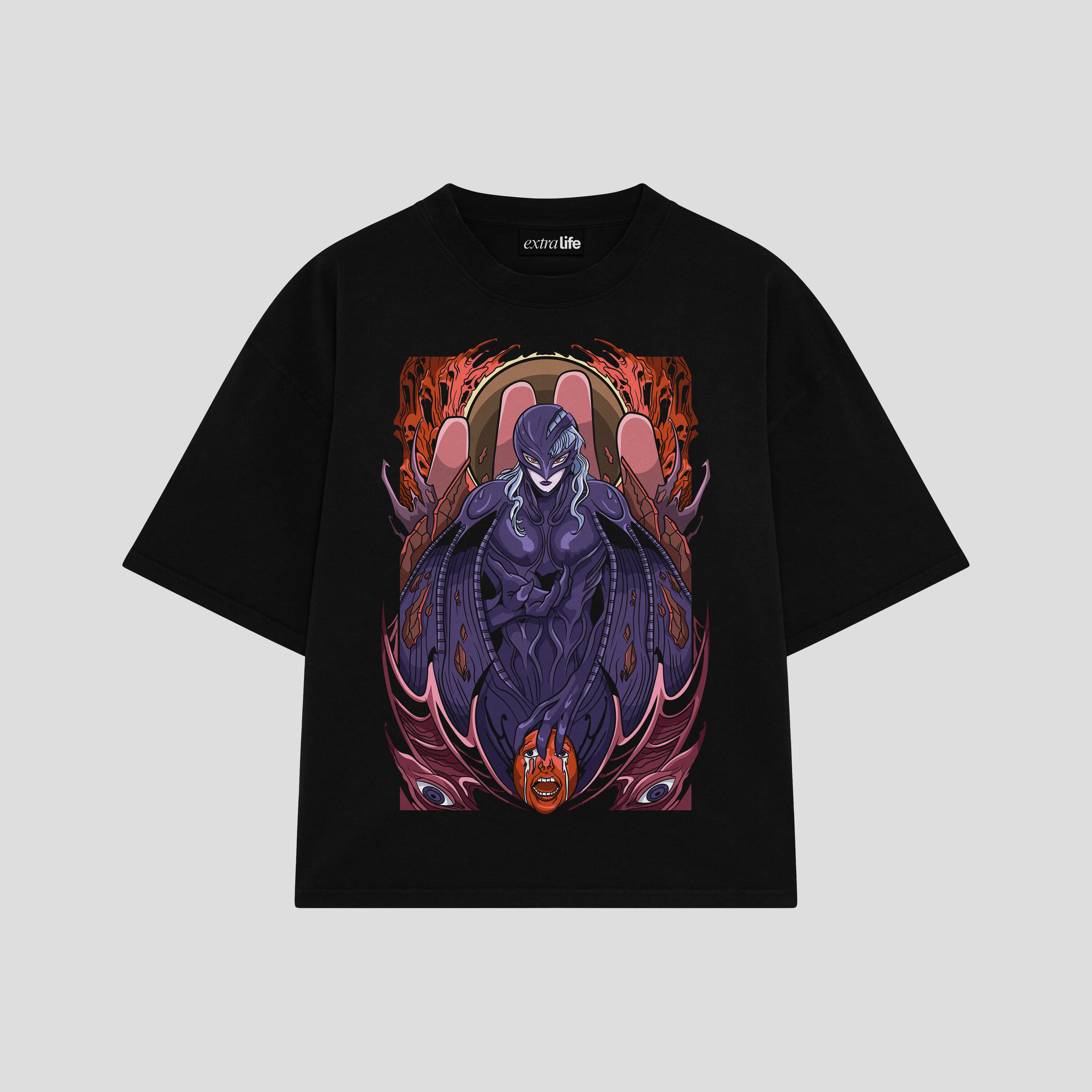Playera streetwear premium de anime y gaming ExtraLife MX, corte boxy oversized drop shoulder heavyweight en color Deep Black y Off-White, moda urbana mexicana de culto.