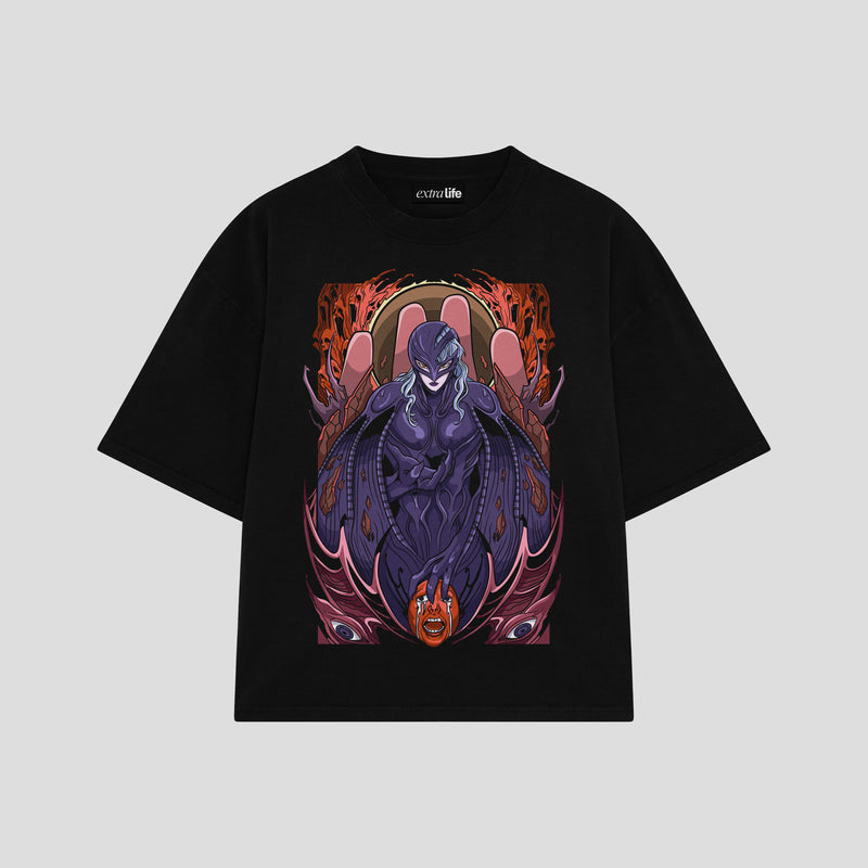 Playera streetwear premium de anime y gaming ExtraLife MX, corte boxy oversized drop shoulder heavyweight en color Deep Black y Off-White, moda urbana mexicana de culto.