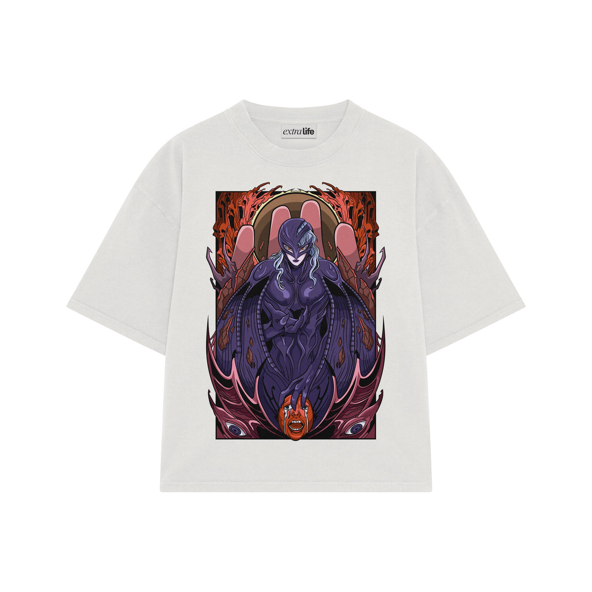 Playera streetwear premium de anime y gaming ExtraLife MX, corte oversized drop shoulder ligero y fresco en color Deep Black y Off-White, moda urbana mexicana de culto.