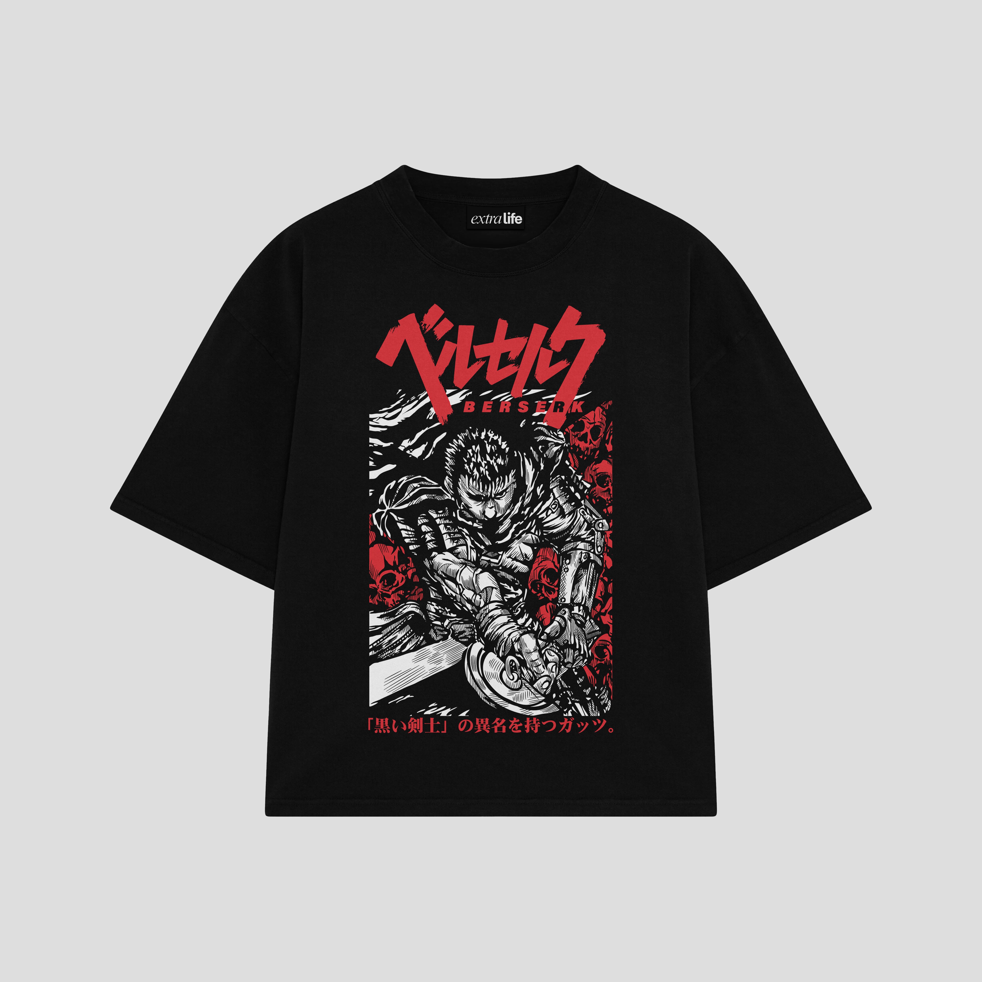 Playera streetwear premium de anime y gaming ExtraLife MX, corte boxy oversized drop shoulder heavyweight en color Deep Black y Off-White, moda urbana mexicana de culto.