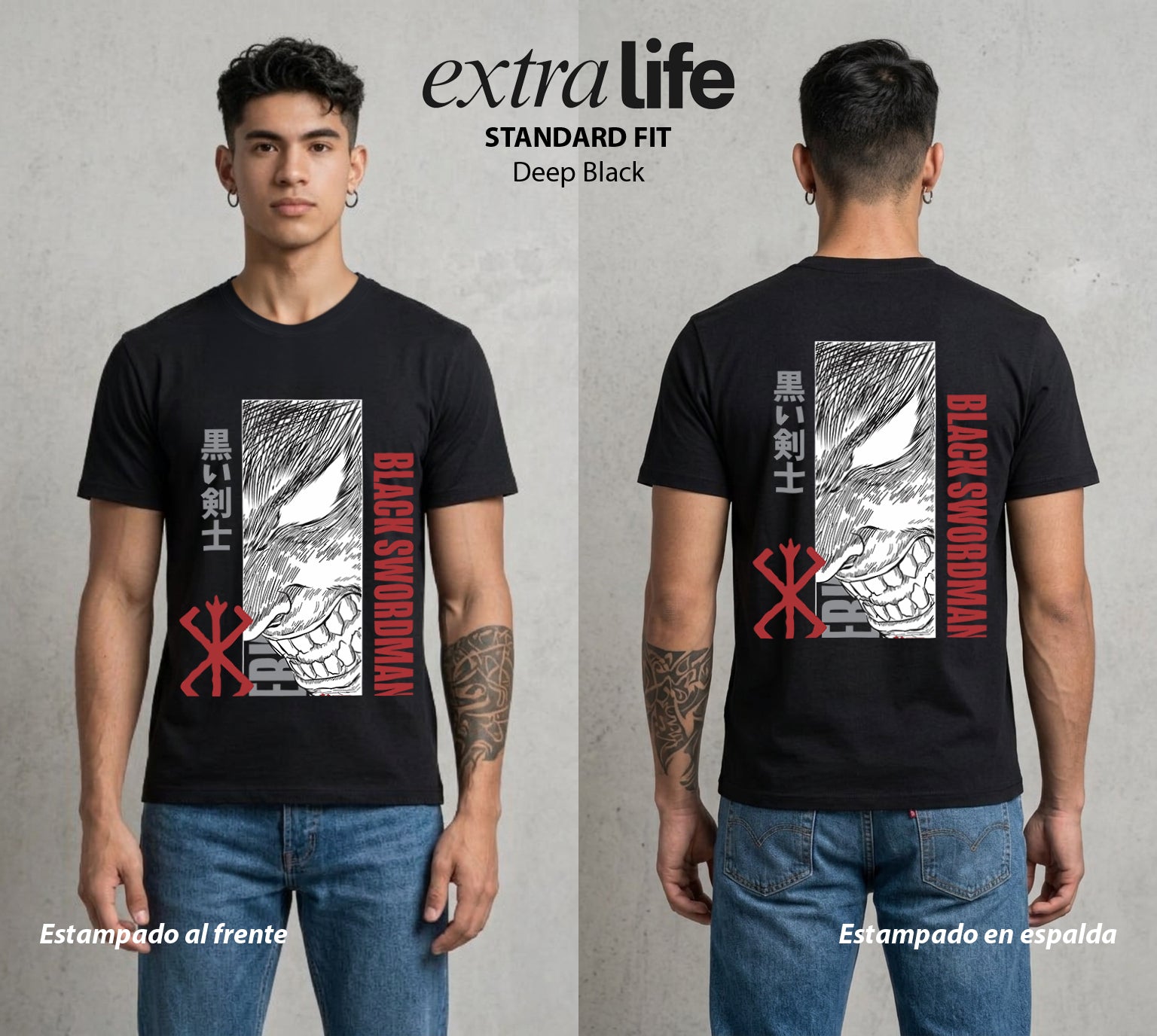 La Marca del Sacrificio | El Espadachín del Acero #00204 - Playera Standard Fit | Deep Black - Foto en modelo