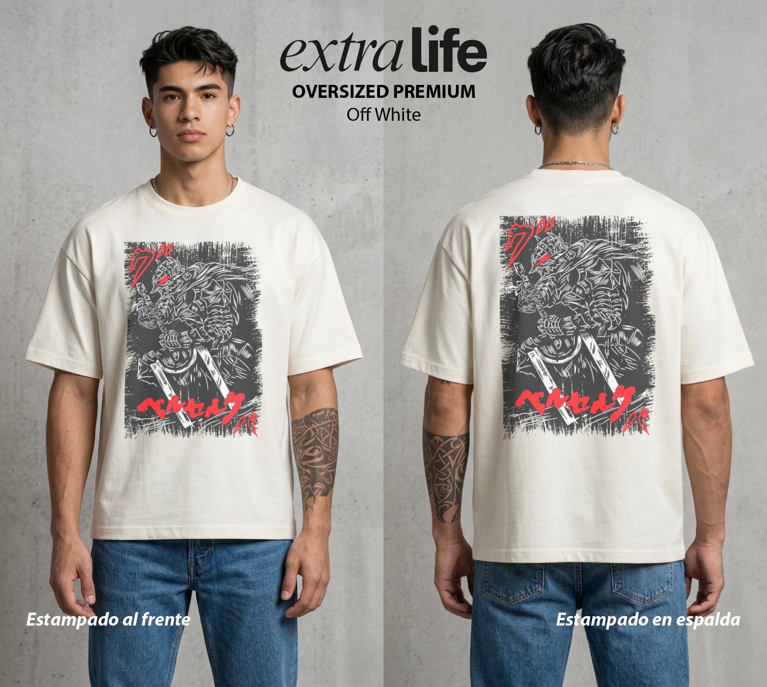 La Marca del Sacrificio | El Espadachín del Acero #00206 - Playera Oversized Premium | Off White - Foto en modelo