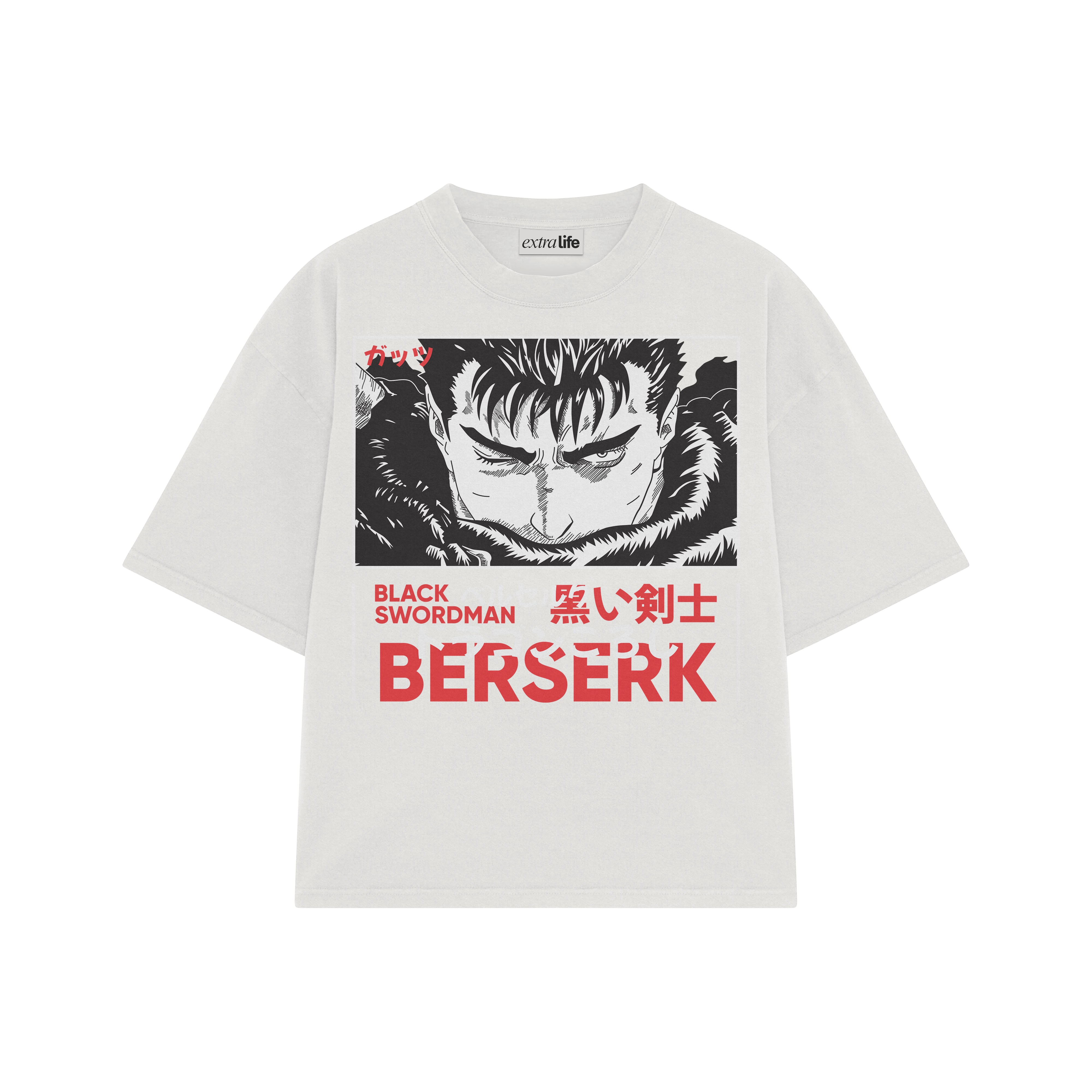 Playera streetwear premium de anime y gaming ExtraLife MX, corte boxy oversized drop shoulder heavyweight en color Deep Black y Off-White, moda urbana mexicana de culto.