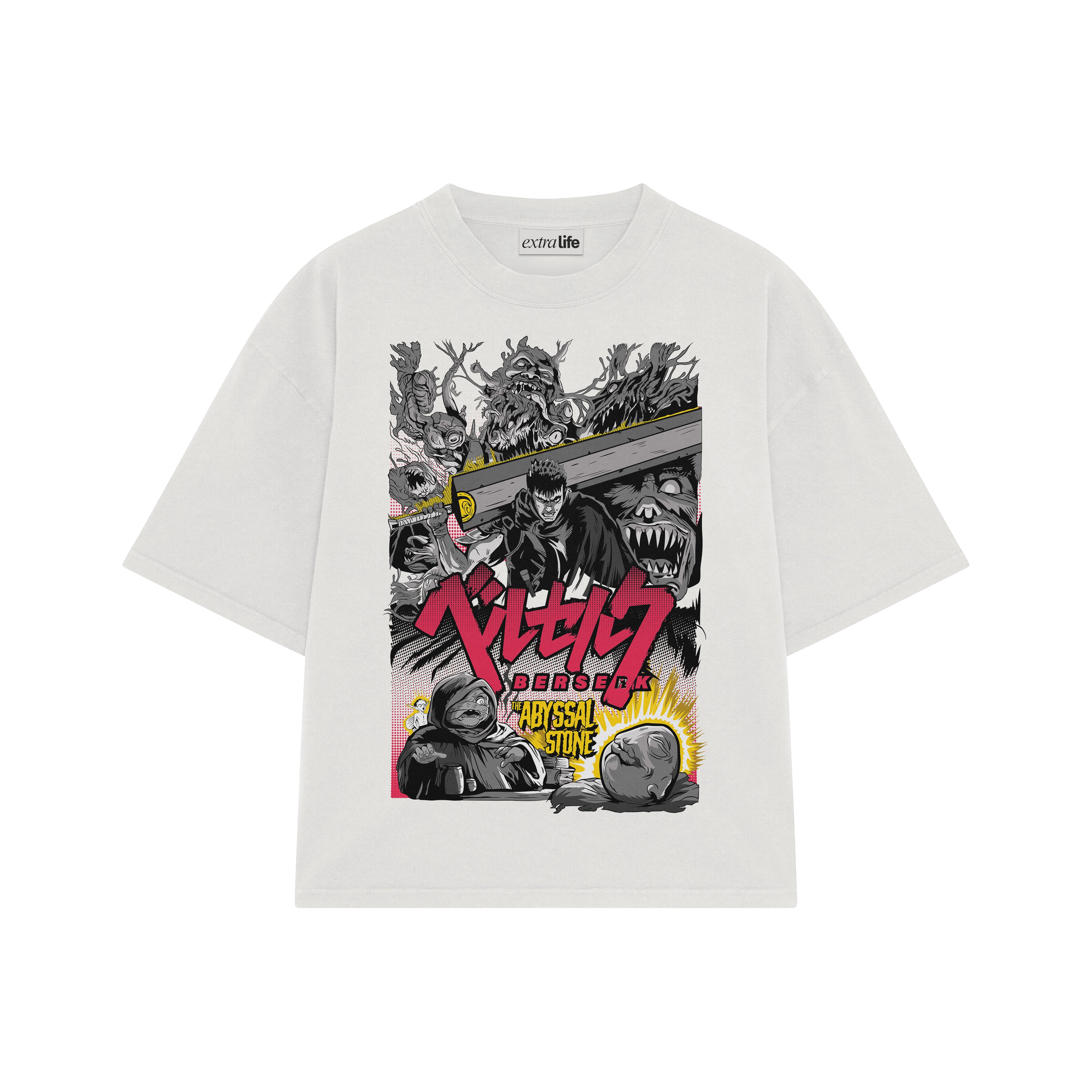 Playera streetwear premium de anime y gaming ExtraLife MX, corte boxy oversized drop shoulder heavyweight en color Deep Black y Off-White, moda urbana mexicana de culto.