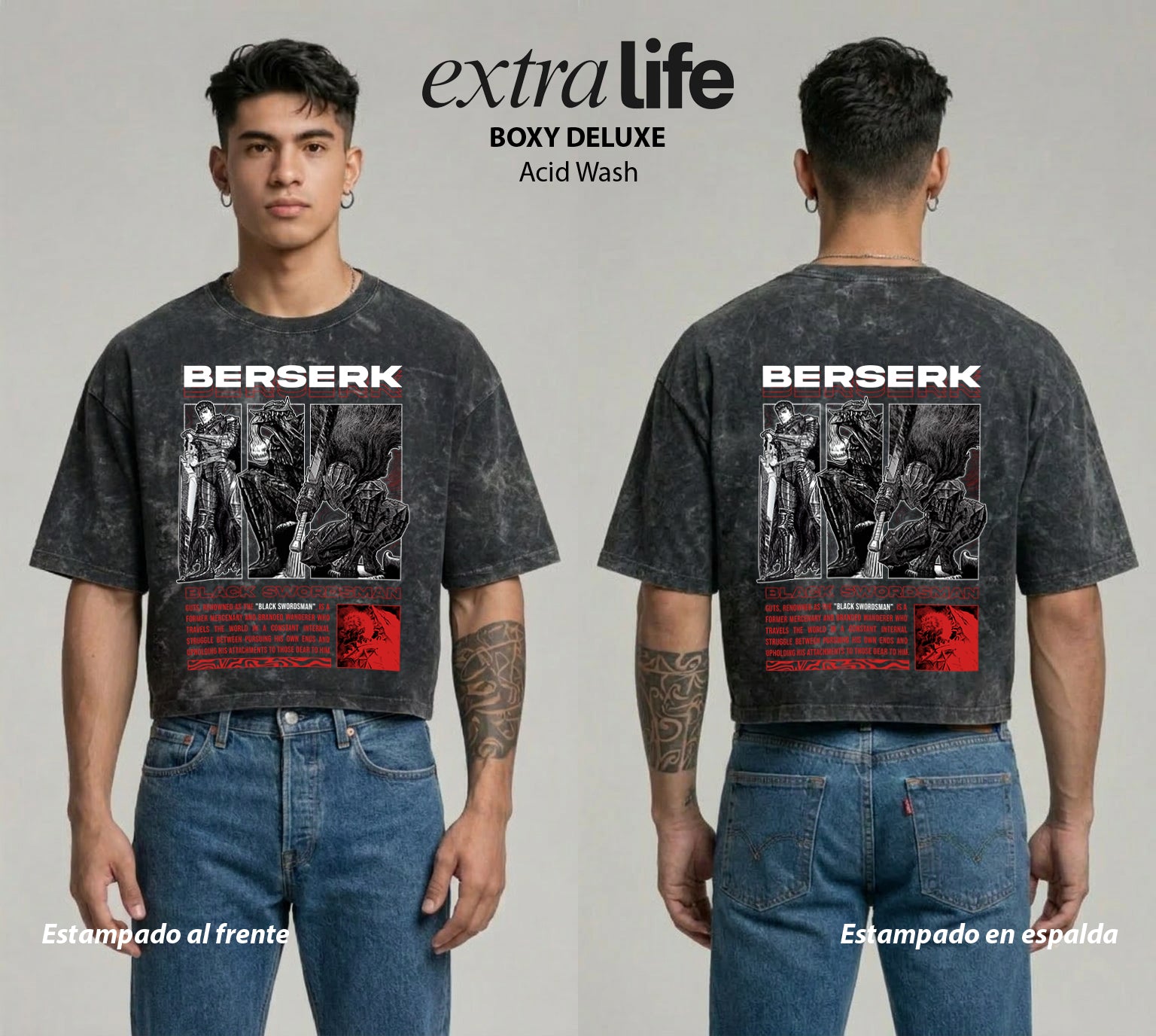 Playera streetwear premium de anime y gaming ExtraLife MX, corte boxy deluxe mineral wash heavyweight en color Acid Wash, moda urbana mexicana de culto.
