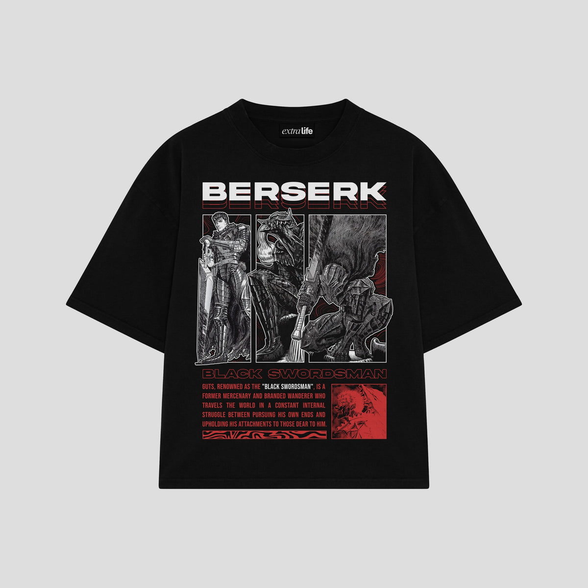 Playera streetwear premium de anime y gaming ExtraLife MX, corte oversized drop shoulder ligero y fresco en color Deep Black y Off-White, moda urbana mexicana de culto.