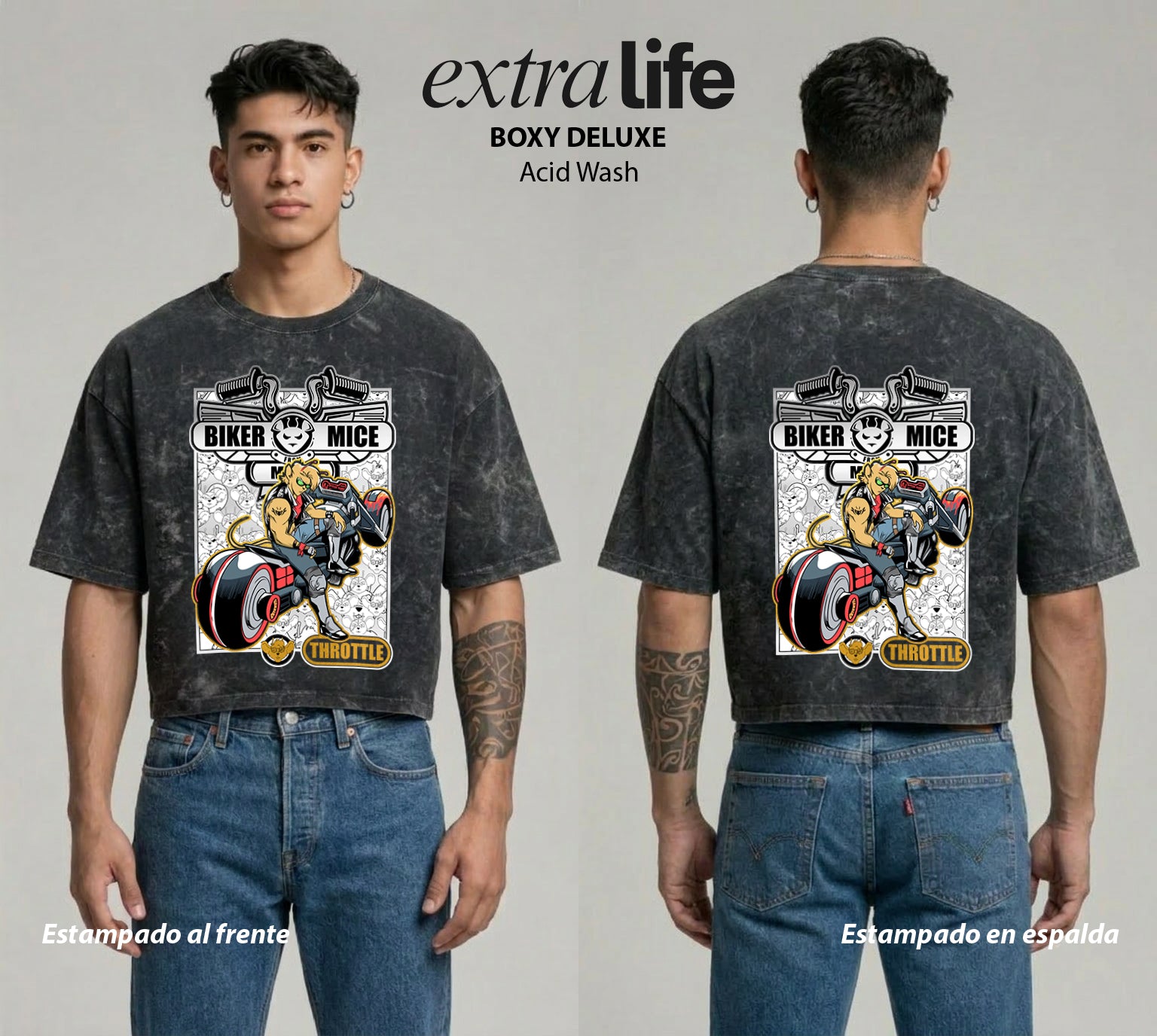 Playera streetwear premium de anime y gaming ExtraLife MX, corte boxy deluxe mineral wash heavyweight en color Acid Wash, moda urbana mexicana de culto.