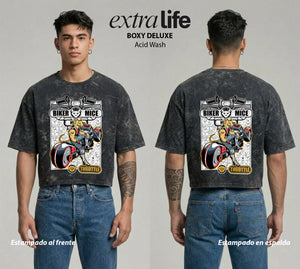 Playera streetwear premium de anime y gaming ExtraLife MX, corte boxy deluxe mineral wash heavyweight en color Acid Wash, moda urbana mexicana de culto.