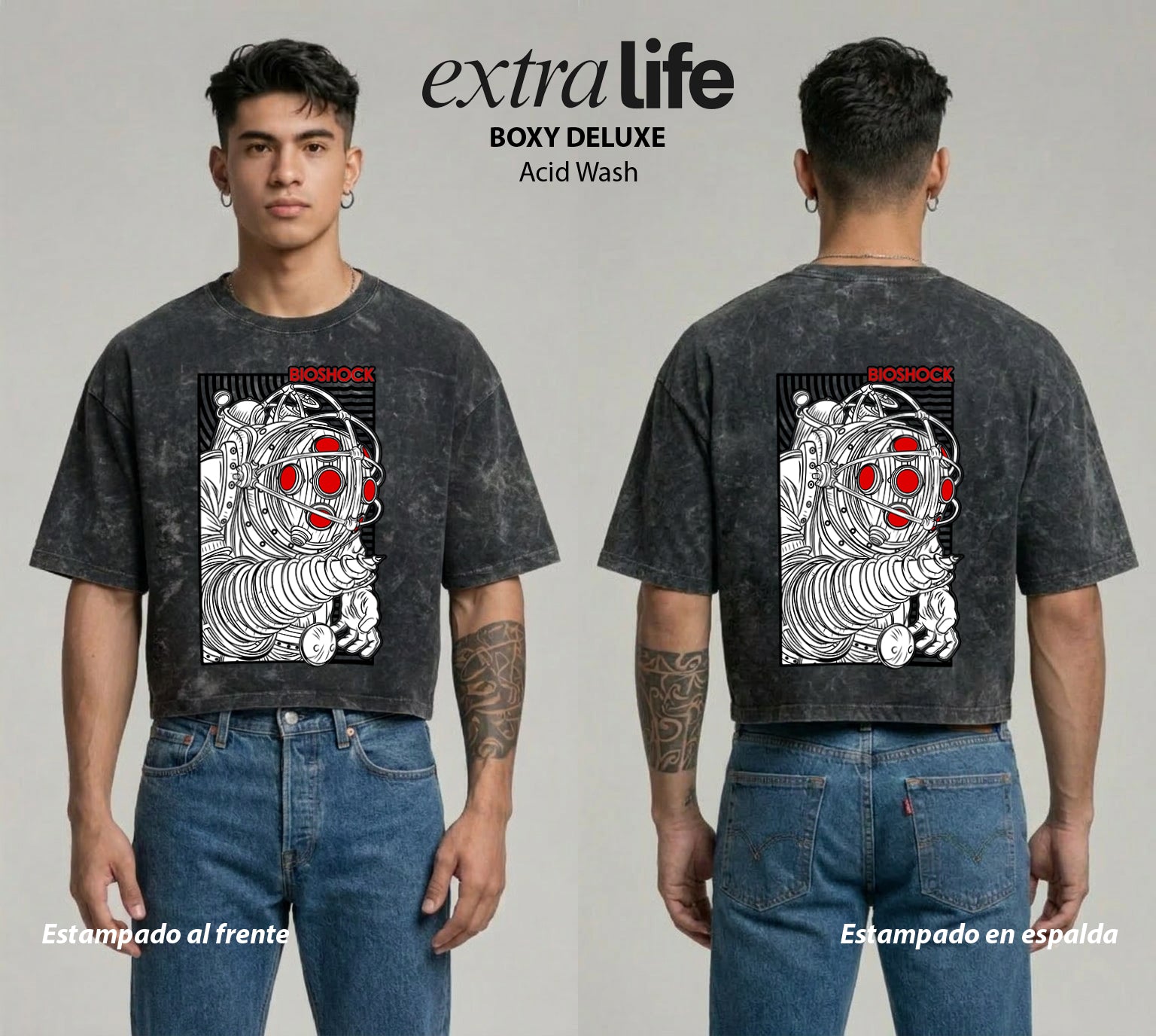 Playera streetwear premium de anime y gaming ExtraLife MX, corte boxy deluxe mineral wash heavyweight en color Acid Wash, moda urbana mexicana de culto.