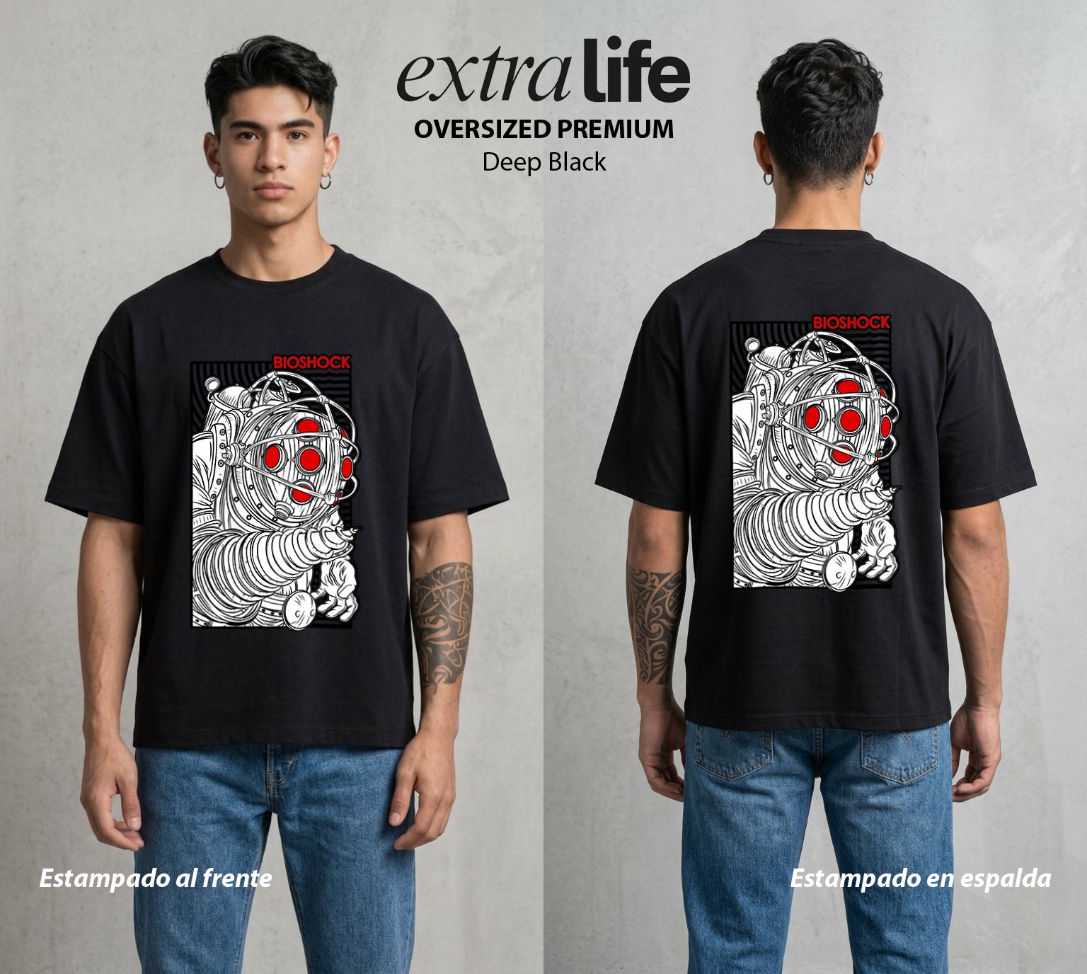 Las Profundidades de Rapture | El Padre del Abismo #00215 - Playera Oversized Premium | Deep Black - Foto en modelo