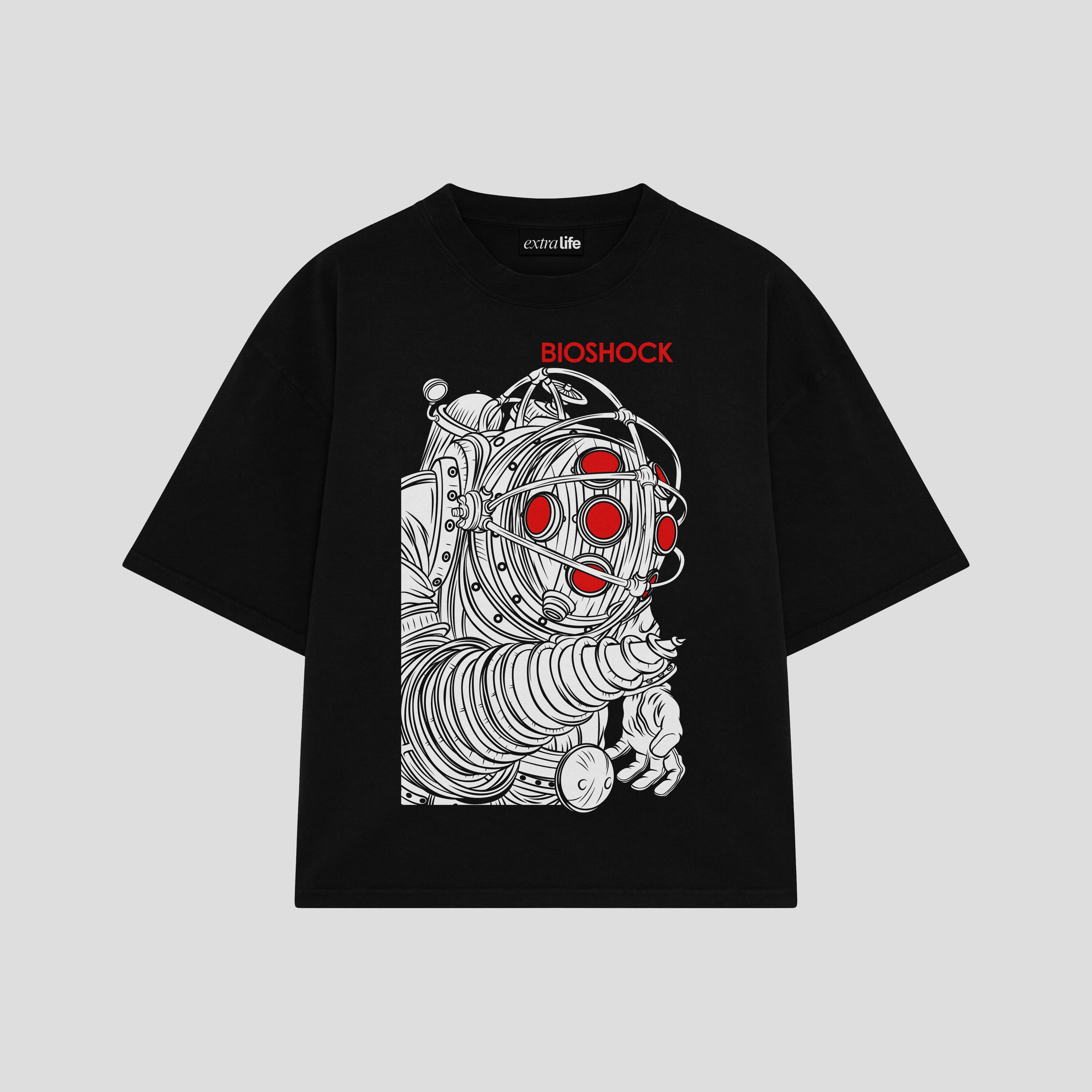 Playera streetwear premium de anime y gaming ExtraLife MX, corte boxy oversized drop shoulder heavyweight en color Deep Black y Off-White, moda urbana mexicana de culto.
