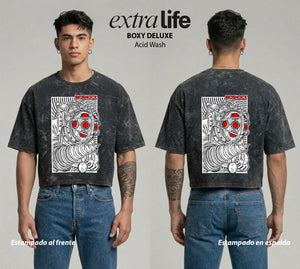 Playera streetwear premium de anime y gaming ExtraLife MX, corte boxy deluxe mineral wash heavyweight en color Acid Wash, moda urbana mexicana de culto.