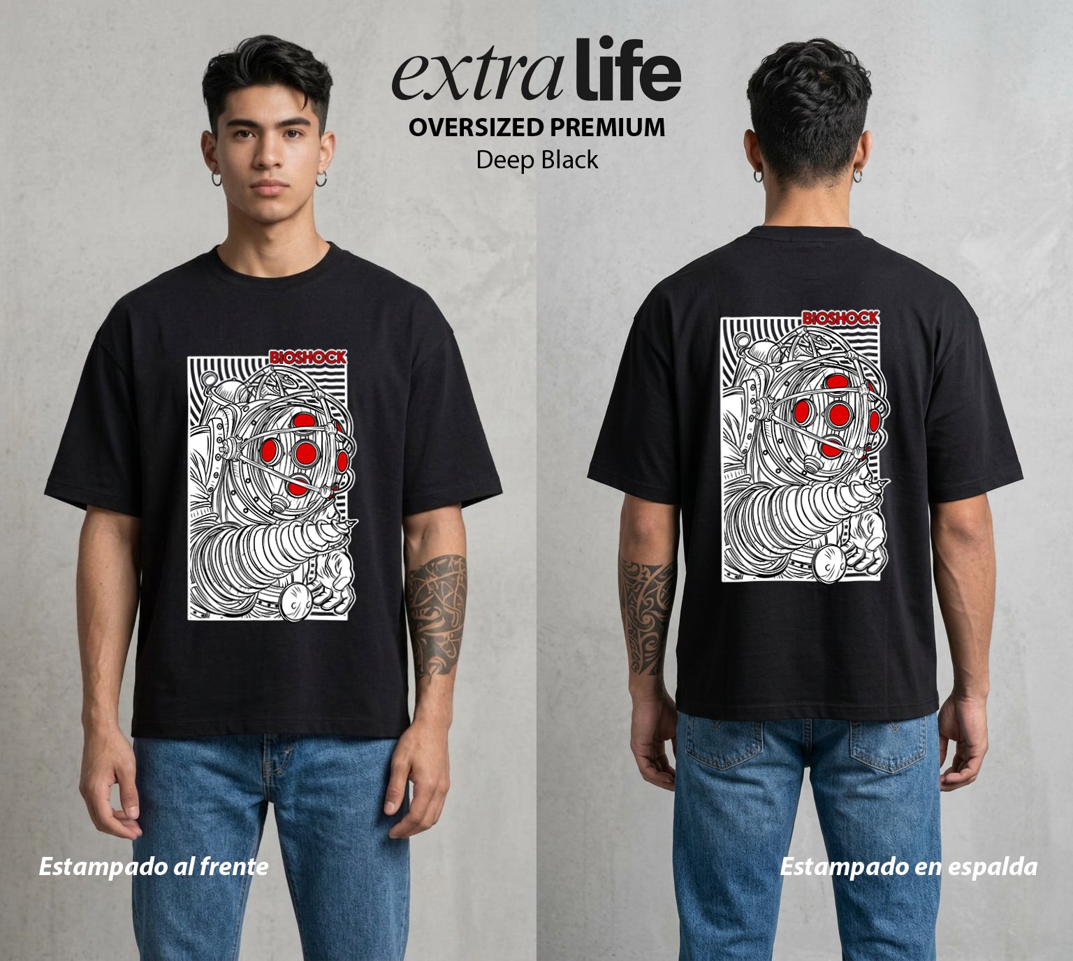 Las Profundidades de Rapture | El Guardian del Fondo #00216 - Playera Oversized Premium | Deep Black - Foto en modelo