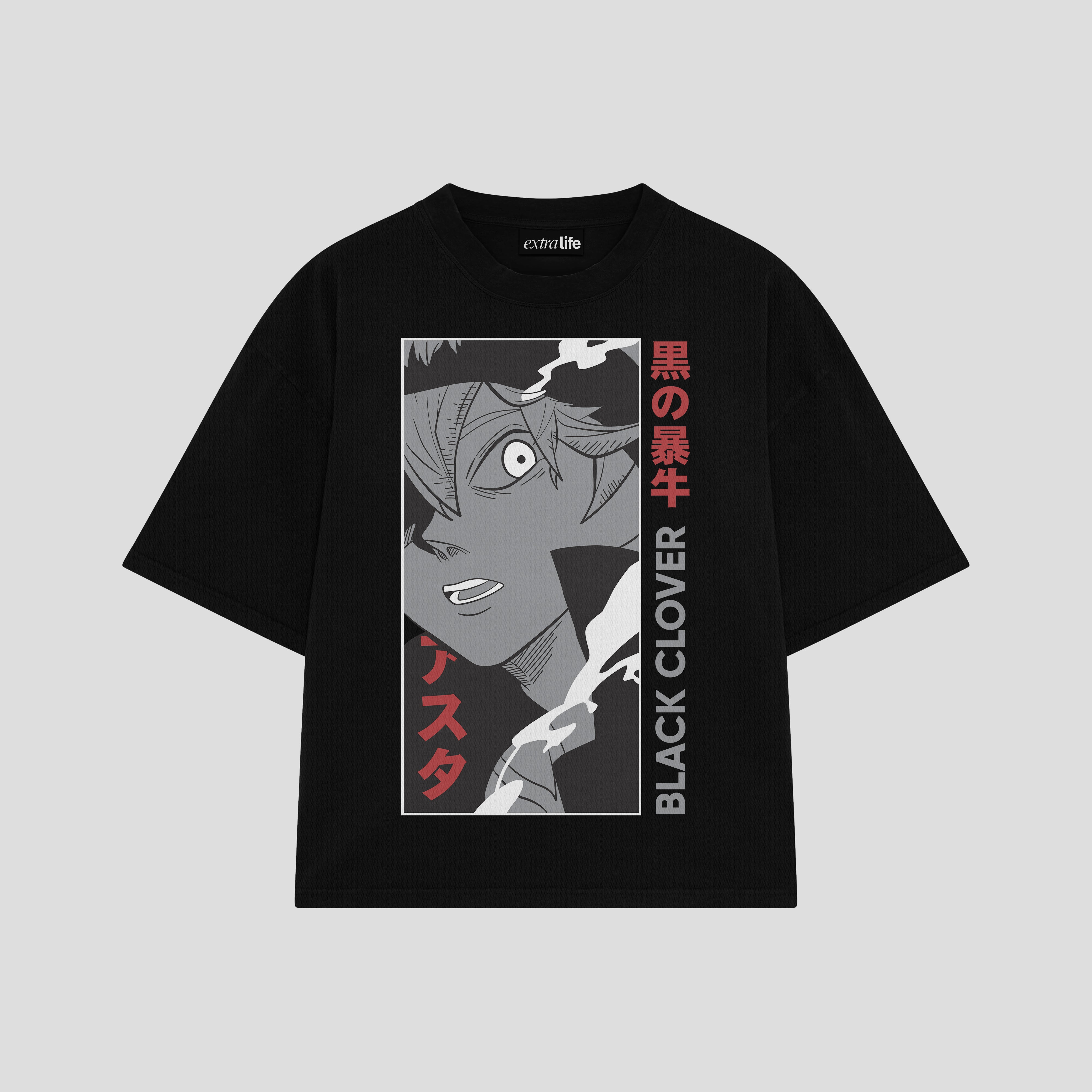 Playera streetwear premium de anime y gaming ExtraLife MX, corte boxy oversized drop shoulder heavyweight en color Deep Black y Off-White, moda urbana mexicana de culto.