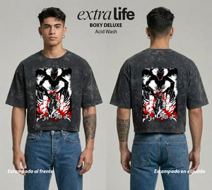 Playera streetwear premium de anime y gaming ExtraLife MX, corte boxy deluxe mineral wash heavyweight en color Acid Wash, moda urbana mexicana de culto.