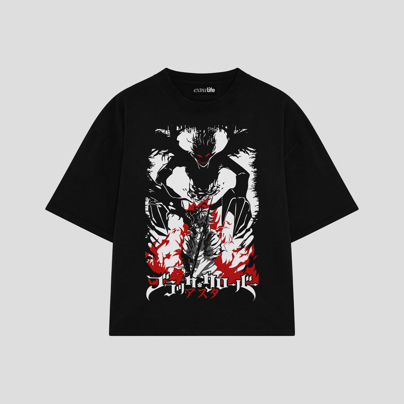 Playera streetwear premium de anime y gaming ExtraLife MX, corte boxy oversized drop shoulder heavyweight en color Deep Black y Off-White, moda urbana mexicana de culto.