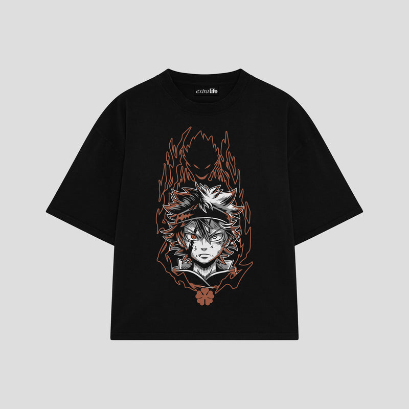 Playera streetwear premium de anime y gaming ExtraLife MX, corte boxy oversized drop shoulder heavyweight en color Deep Black y Off-White, moda urbana mexicana de culto.