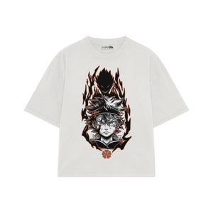 Playera streetwear premium de anime y gaming ExtraLife MX, corte boxy oversized drop shoulder heavyweight en color Deep Black y Off-White, moda urbana mexicana de culto.