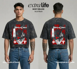 Playera streetwear premium de anime y gaming ExtraLife MX, corte boxy deluxe mineral wash heavyweight en color Acid Wash, moda urbana mexicana de culto.