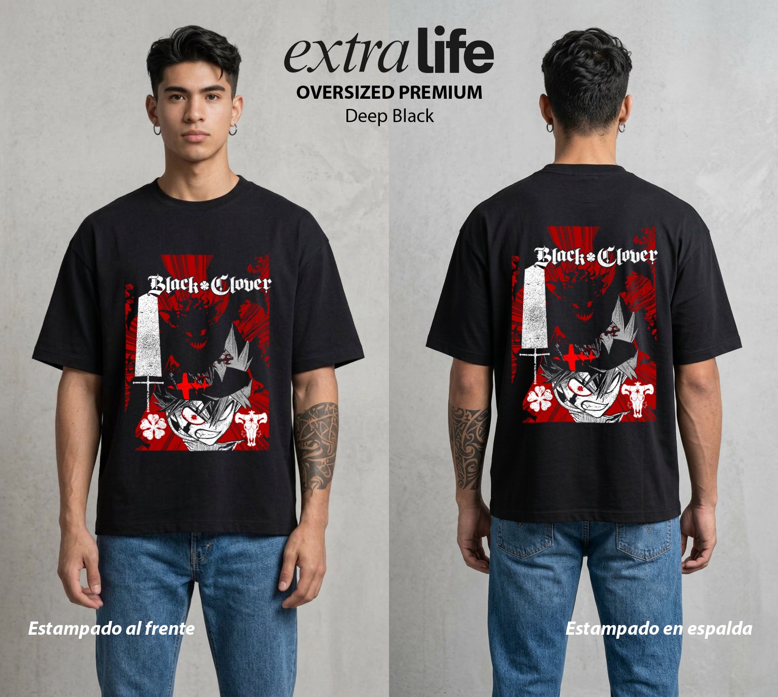 El Trebol Magico | Black Clover Asta #00221 - Playera Oversized Premium | Deep Black - Foto en modelo