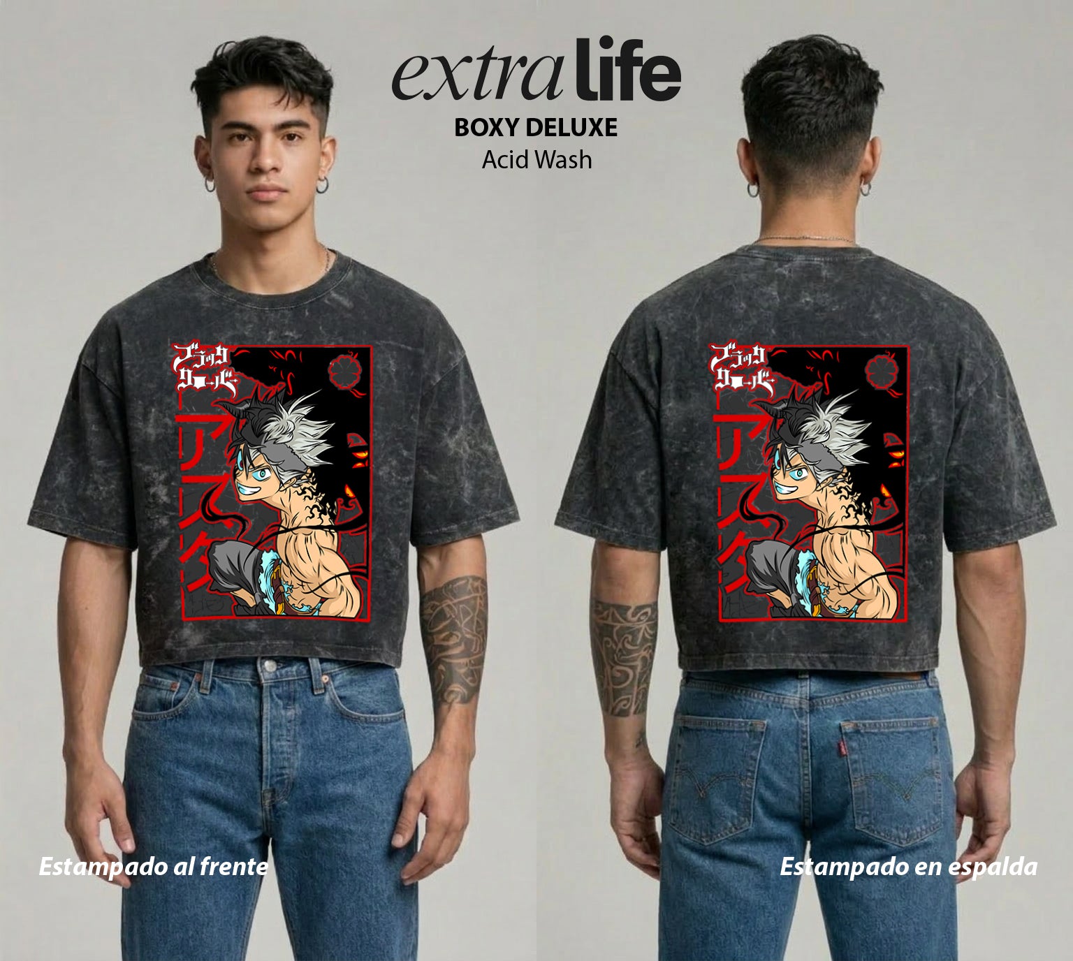 Playera streetwear premium de anime y gaming ExtraLife MX, corte boxy deluxe mineral wash heavyweight en color Acid Wash, moda urbana mexicana de culto.