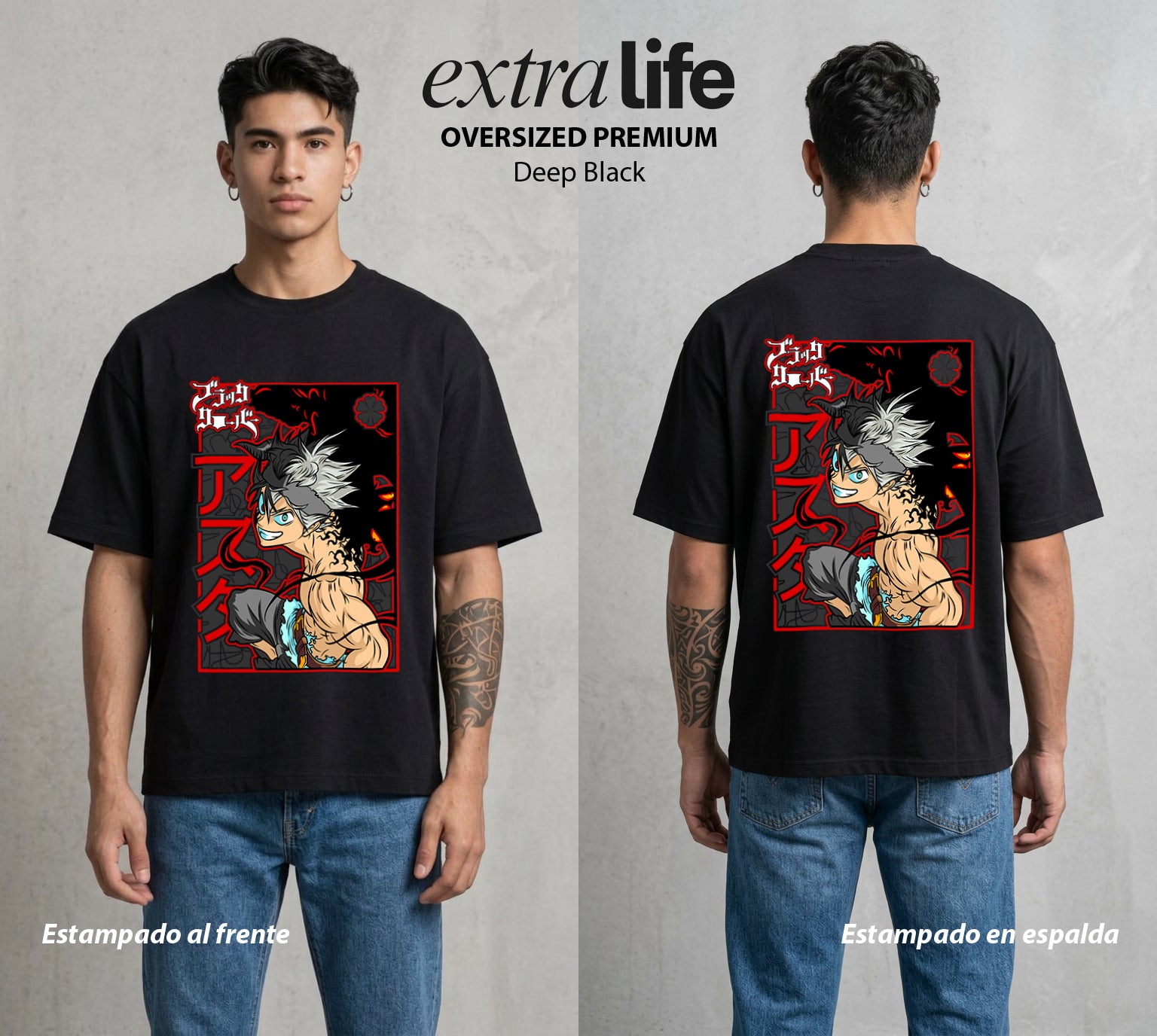 El Trebol Magico | Black Clover Asta #00222 - Playera Oversized Premium | Deep Black - Foto en modelo