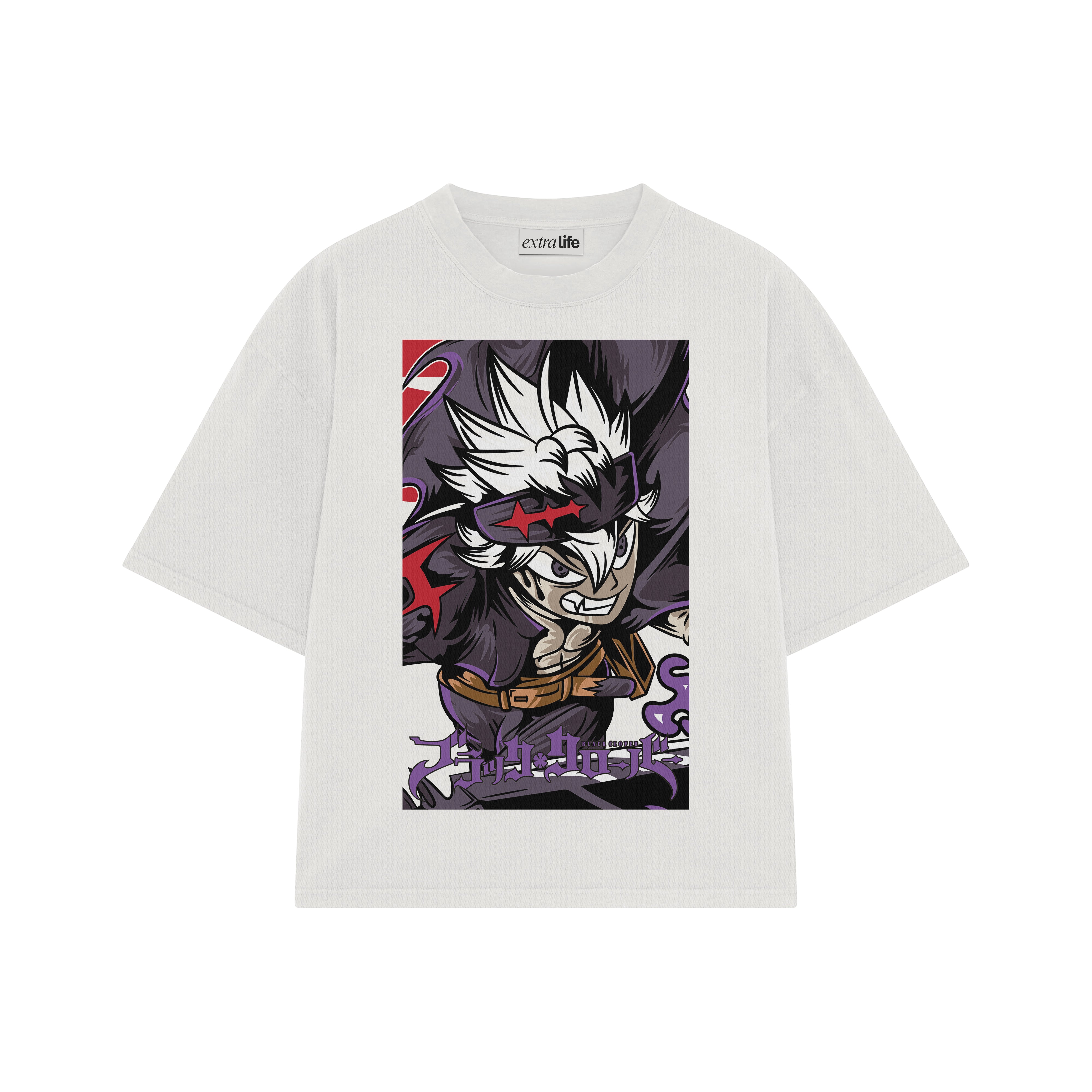 Playera streetwear premium de anime y gaming ExtraLife MX, corte boxy oversized drop shoulder heavyweight en color Deep Black y Off-White, moda urbana mexicana de culto.