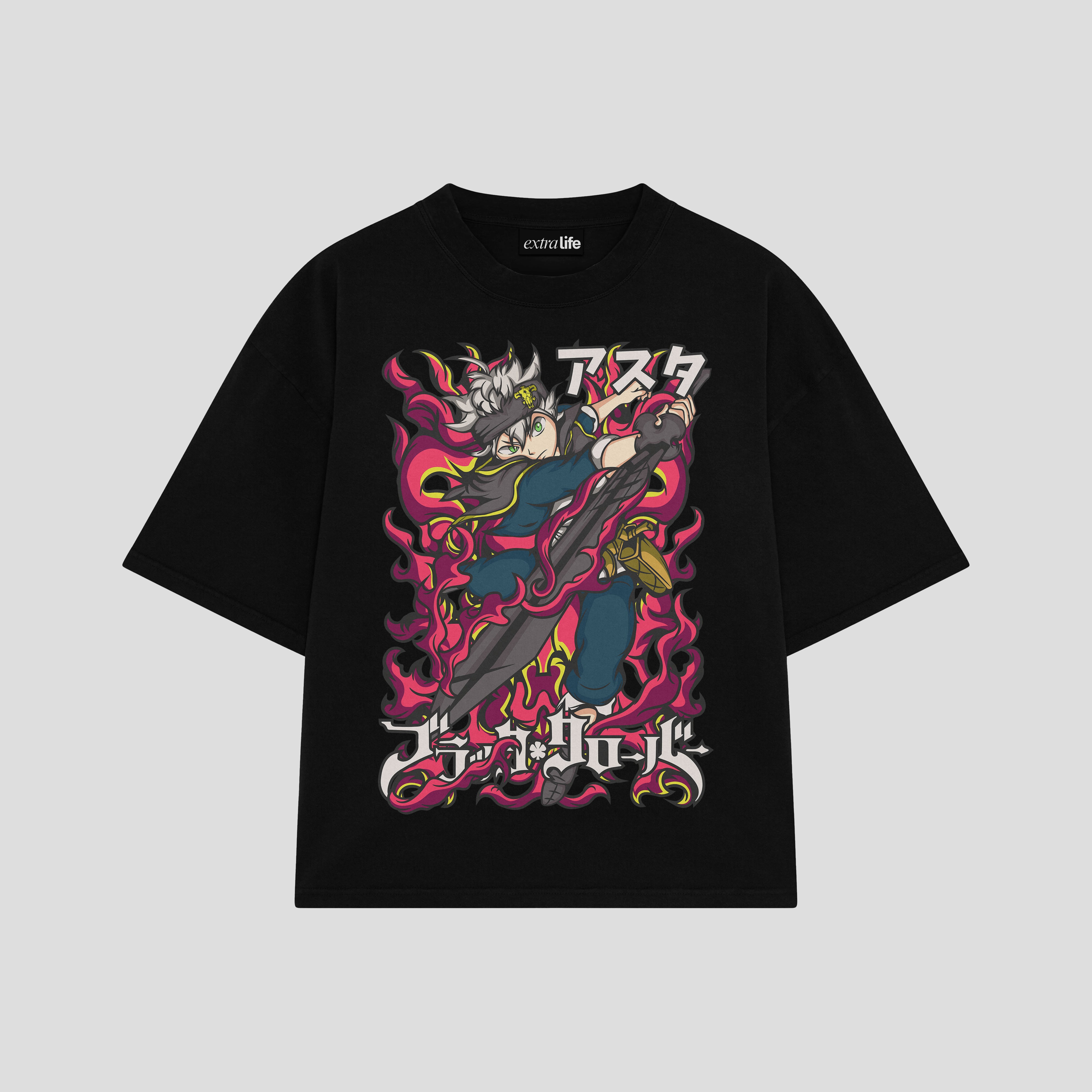 Playera streetwear premium de anime y gaming ExtraLife MX, corte boxy oversized drop shoulder heavyweight en color Deep Black y Off-White, moda urbana mexicana de culto.