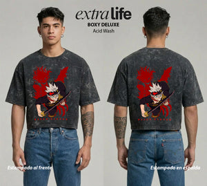 Playera streetwear premium de anime y gaming ExtraLife MX, corte boxy deluxe mineral wash heavyweight en color Acid Wash, moda urbana mexicana de culto.