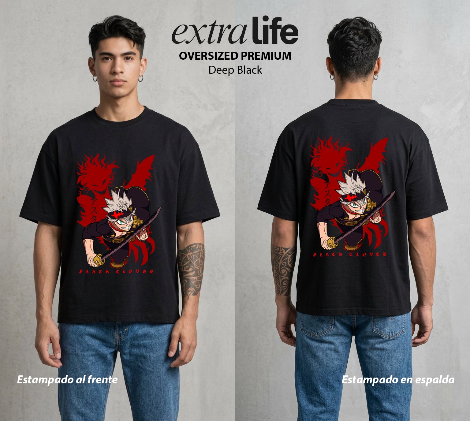 El Trebol Magico | Black Clover Asta #00230 - Playera Oversized Premium | Deep Black - Foto en modelo