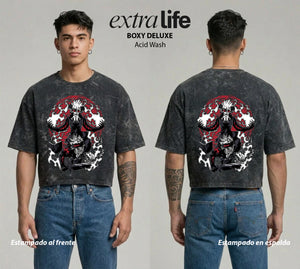 Playera streetwear premium de anime y gaming ExtraLife MX, corte boxy deluxe mineral wash heavyweight en color Acid Wash, moda urbana mexicana de culto.