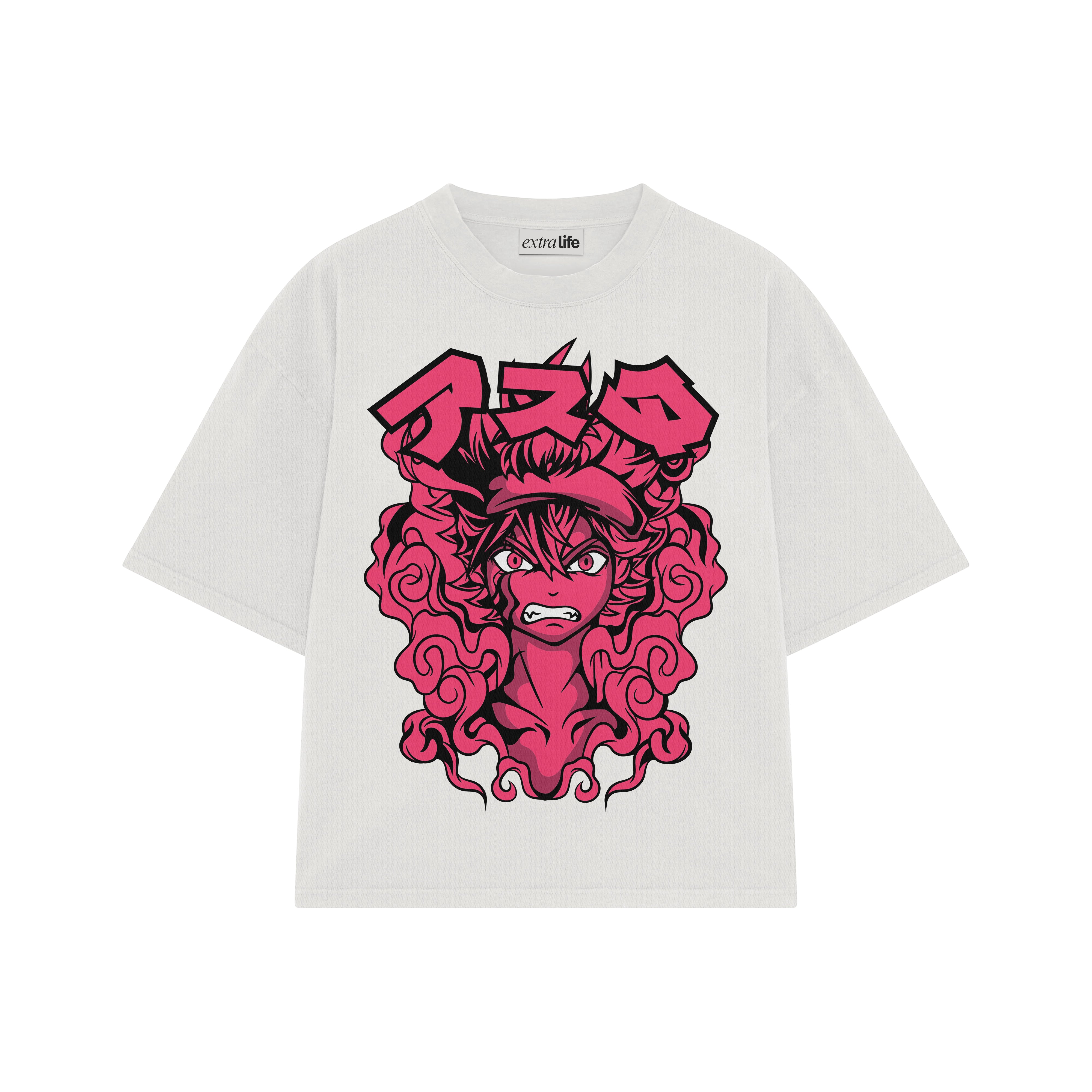 Playera streetwear premium de anime y gaming ExtraLife MX, corte boxy oversized drop shoulder heavyweight en color Deep Black y Off-White, moda urbana mexicana de culto.