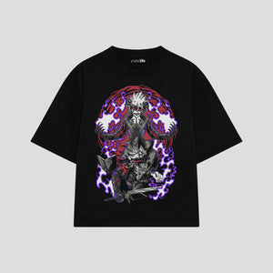 Playera streetwear premium de anime y gaming ExtraLife MX, corte boxy oversized drop shoulder heavyweight en color Deep Black y Off-White, moda urbana mexicana de culto.