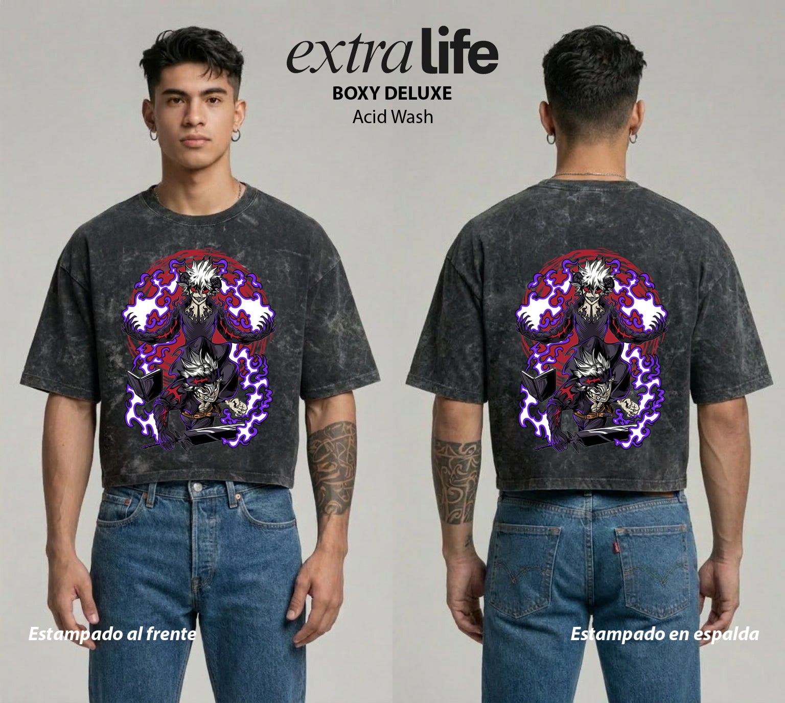 Playera streetwear premium de anime y gaming ExtraLife MX, corte boxy deluxe mineral wash heavyweight en color Acid Wash, moda urbana mexicana de culto.