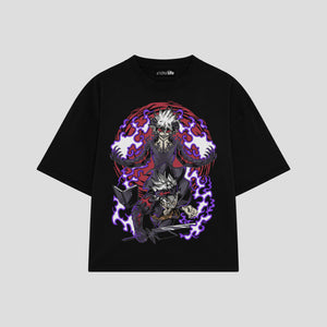 Playera streetwear premium de anime y gaming ExtraLife MX, corte boxy oversized drop shoulder heavyweight en color Deep Black y Off-White, moda urbana mexicana de culto.