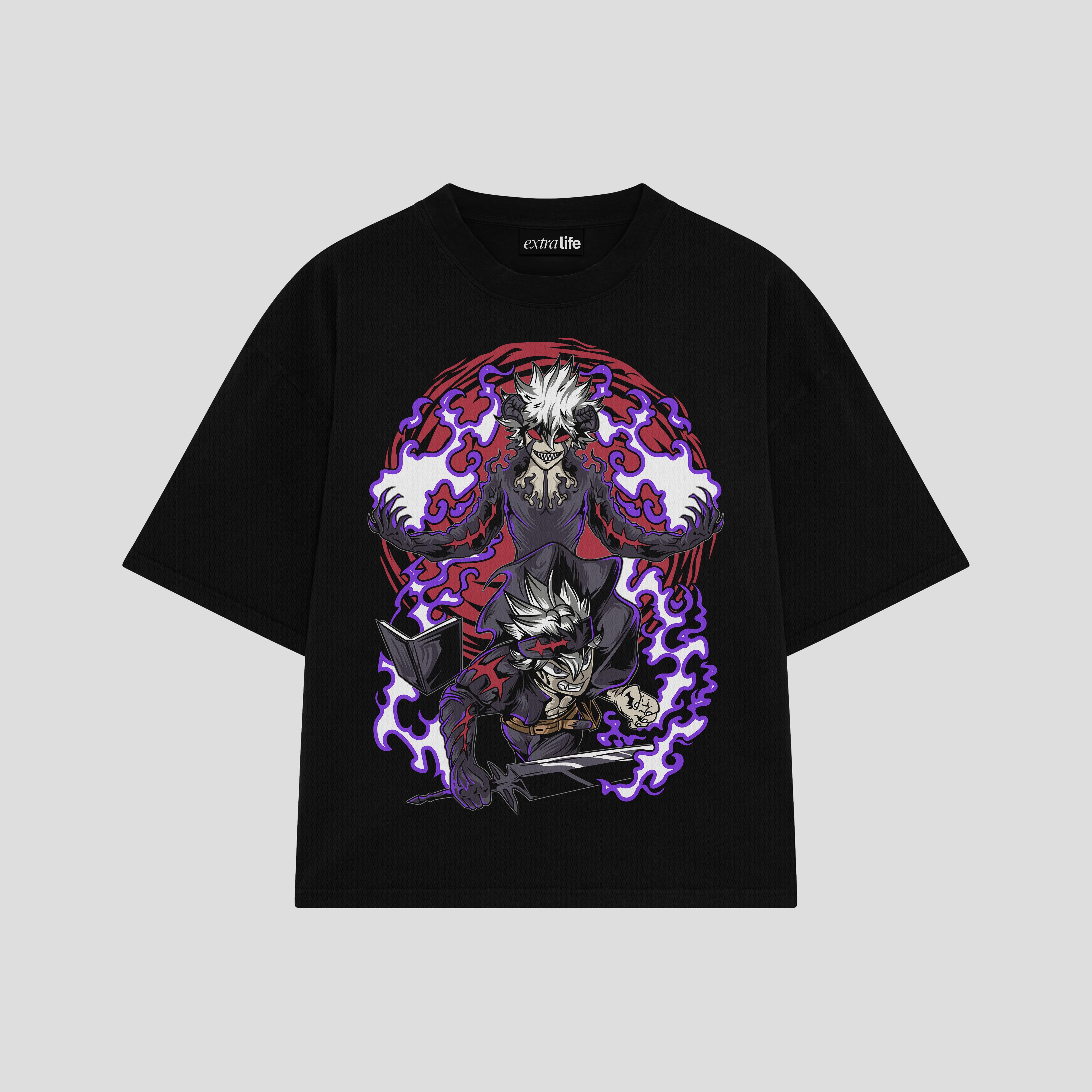 Playera streetwear premium de anime y gaming ExtraLife MX, corte boxy oversized drop shoulder heavyweight en color Deep Black y Off-White, moda urbana mexicana de culto.