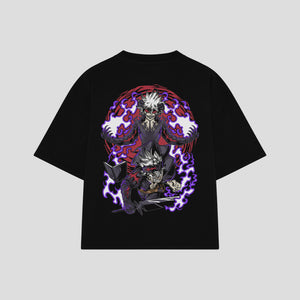 Playera streetwear premium de anime y gaming ExtraLife MX, corte boxy oversized drop shoulder heavyweight en color Deep Black y Off-White, moda urbana mexicana de culto.