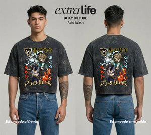 Playera streetwear premium de anime y gaming ExtraLife MX, corte boxy deluxe mineral wash heavyweight en color Acid Wash, moda urbana mexicana de culto.