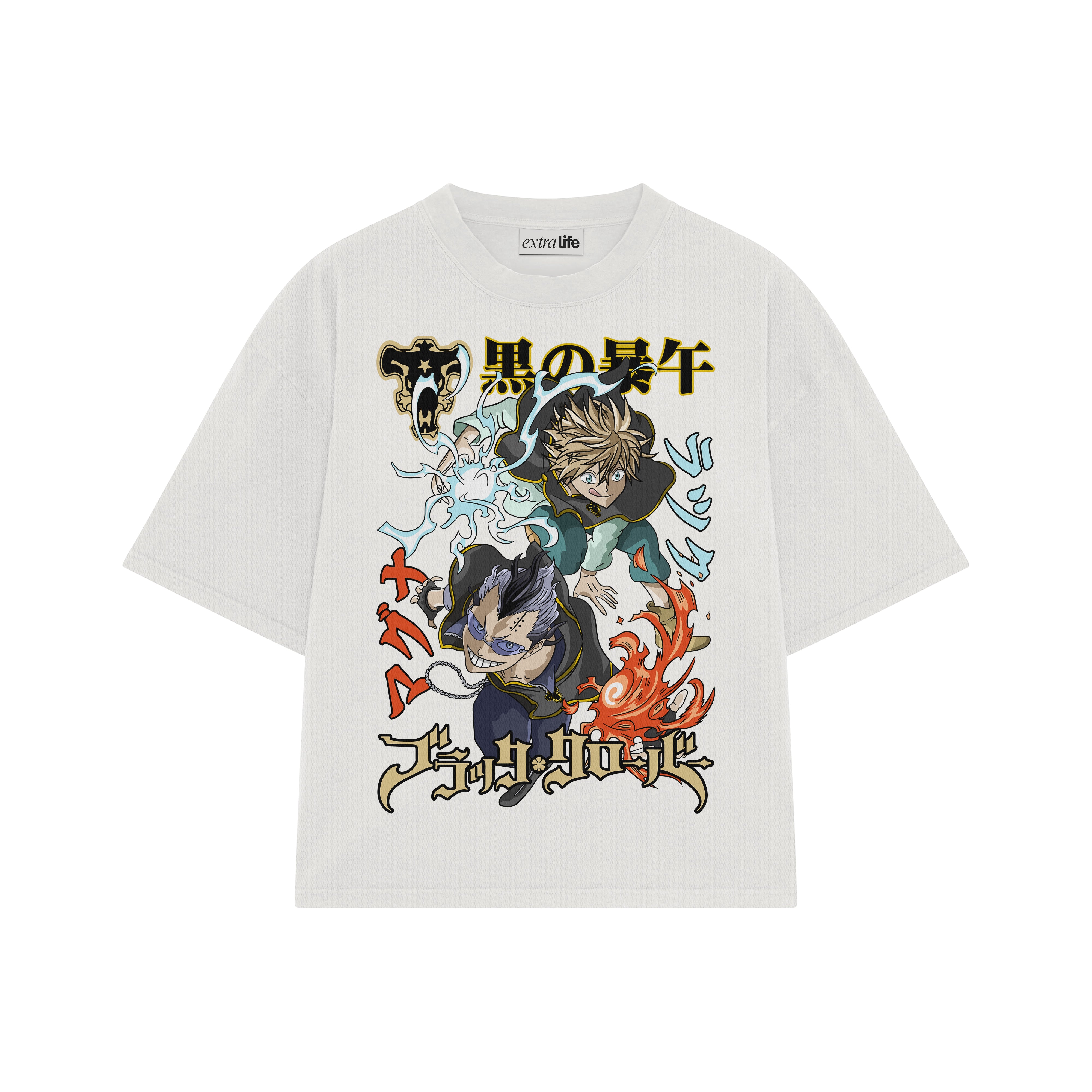 Playera streetwear premium de anime y gaming ExtraLife MX, corte boxy oversized drop shoulder heavyweight en color Deep Black y Off-White, moda urbana mexicana de culto.